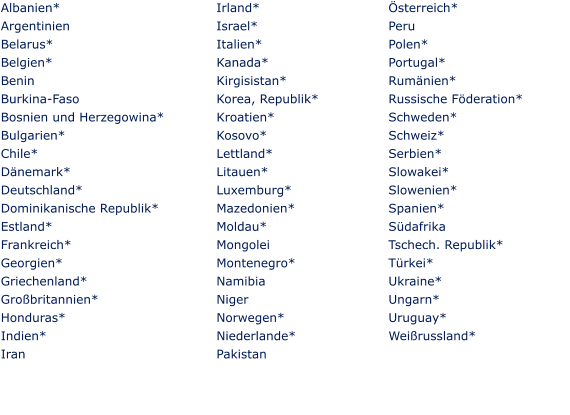 Irland* Israel* Italien*	 Kanada*	 Kirgisistan*	 Korea, Republik*	 Kroatien*	 Kosovo* Lettland*	 Litauen*	 Luxemburg*	 Mazedonien*	 Moldau*	 Mongolei	 Montenegro* Namibia Niger Norwegen* Niederlande* Pakistan	   	  Österreich* Peru	 Polen* Portugal*	 Rumänien*	 Russische Föderation*	 Schweden*	 Schweiz* Serbien*	 Slowakei*	 Slowenien*	 Spanien* Südafrika	 Tschech. Republik*	 Türkei*	 Ukraine*	 Ungarn*	 Uruguay*	 Weißrussland*  Albanien* Argentinien	 Belarus*	 Belgien* Benin Burkina-Faso	 Bosnien und Herzegowina* Bulgarien*	 Chile*	 Dänemark* Deutschland*	 Dominikanische Republik* Estland*	 Frankreich*	 Georgien*	 Griechenland*	 Großbritannien*	 Honduras*	 Indien* Iran